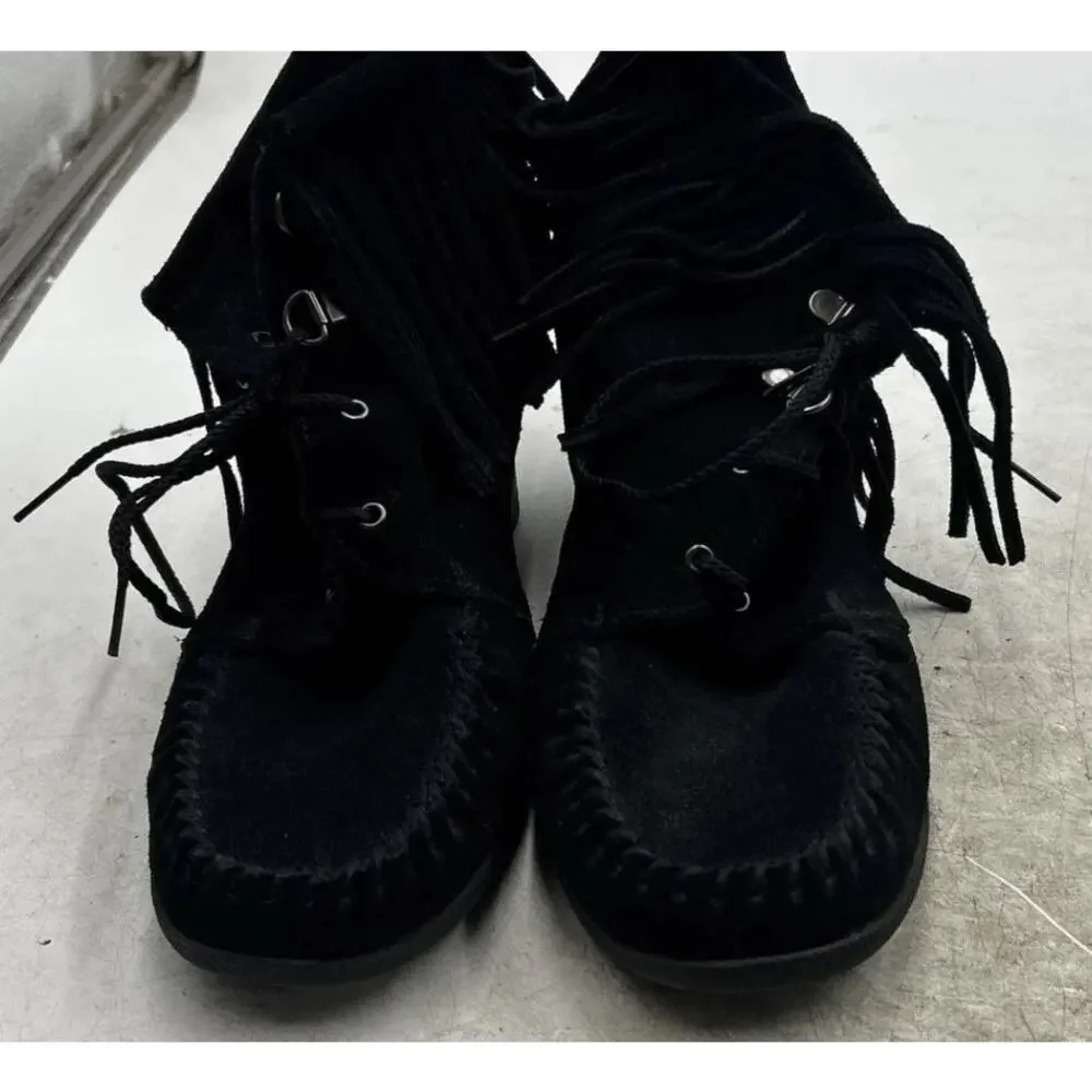 MINNETONKA Womens Black Suede Fringe WEDGE Booties Size 8.5 LACE Up